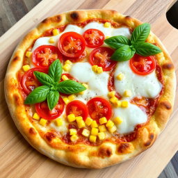 A delicious pizza featuring juicy ripe tomatoes and sweet corn, perfectly combined with a generous layer of melted mozzarella cheese