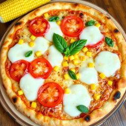 A delicious pizza featuring juicy ripe tomatoes and sweet corn, perfectly combined with a generous layer of melted mozzarella cheese