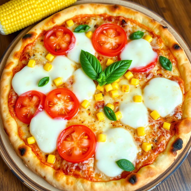 A delicious pizza featuring juicy ripe tomatoes and sweet corn, perfectly combined with a generous layer of melted mozzarella cheese