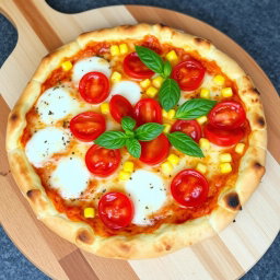 A delicious pizza featuring juicy ripe tomatoes and sweet corn, perfectly combined with a generous layer of melted mozzarella cheese