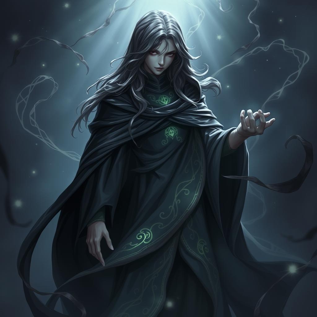 A mystical Weaver of Shadow, a fantasy character, standing in a dimly lit realm