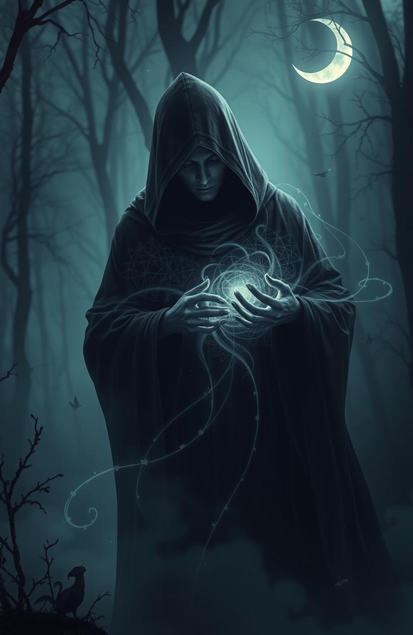 A mysterious and enchanting weaver of shadow, depicted as a cloaked figure with intricate patterns of darkness swirling around them
