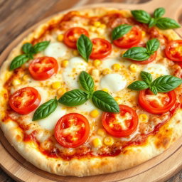 A mouth-watering pizza featuring juicy tomatoes and sweet corn, perfectly combined under a bubbling layer of melted mozzarella cheese