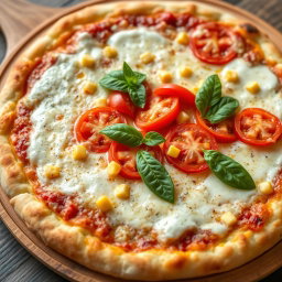 A mouth-watering pizza featuring juicy tomatoes and sweet corn, perfectly combined under a bubbling layer of melted mozzarella cheese