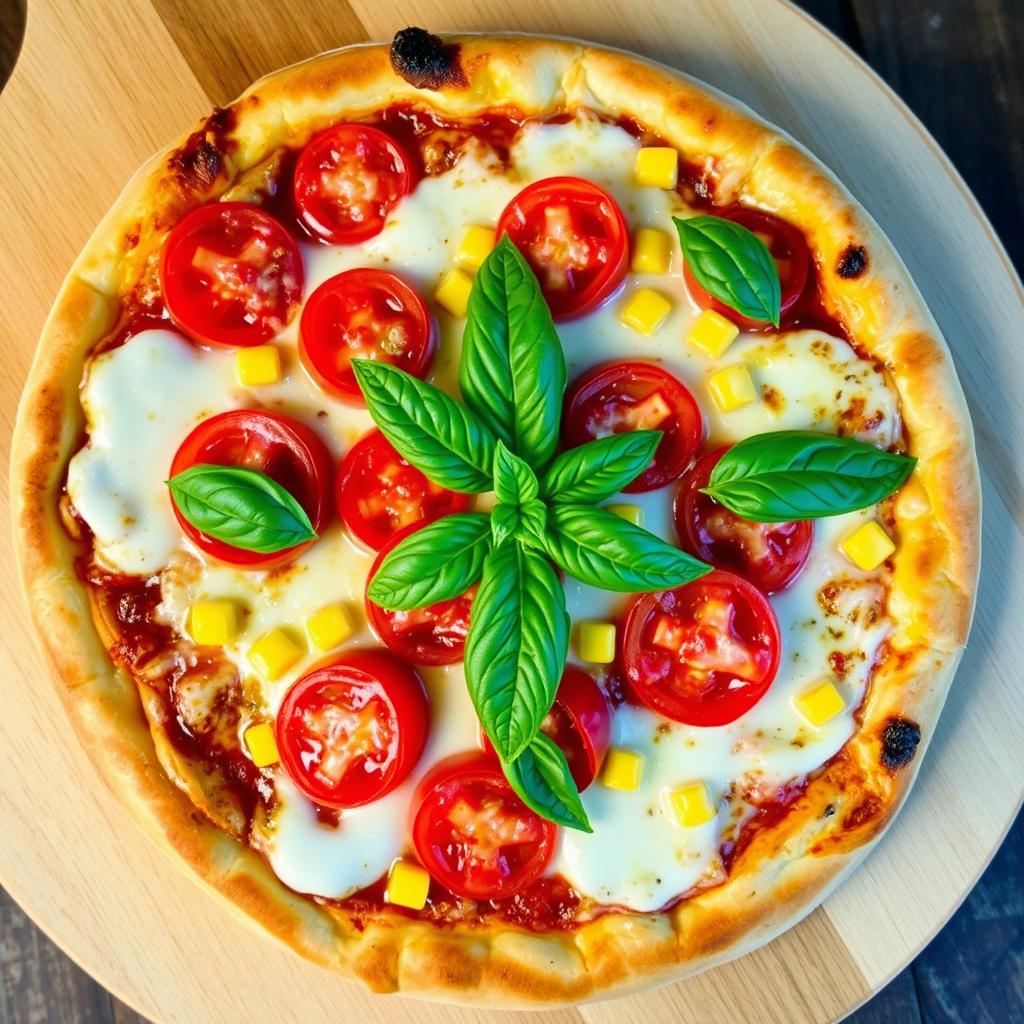 A mouth-watering pizza featuring juicy tomatoes and sweet corn, perfectly combined under a bubbling layer of melted mozzarella cheese