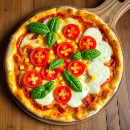 A mouth-watering pizza featuring juicy tomatoes and sweet corn, perfectly combined under a bubbling layer of melted mozzarella cheese