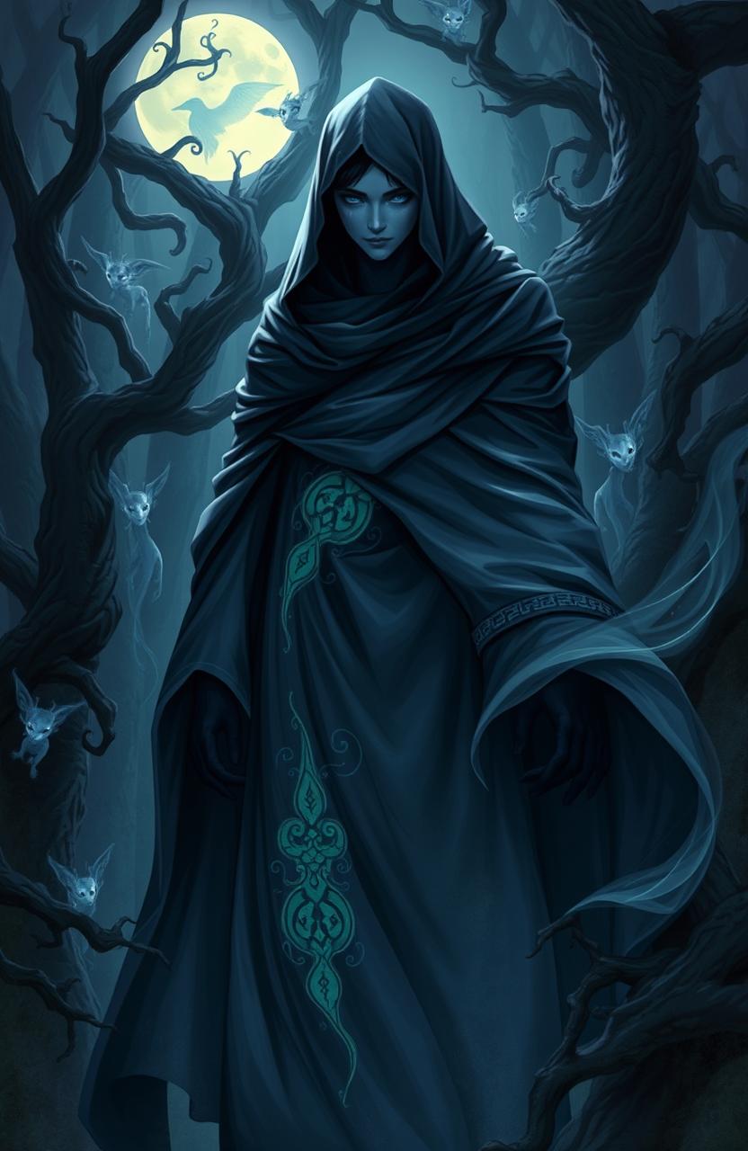 A fantastical portrayal of a character known as the "Weaver of Shadow", an enigmatic figure cloaked in dark, swirling shadows
