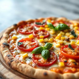A mouth-watering pizza featuring juicy ripe tomatoes and sweet corn, harmoniously combined with a thick layer of melted mozzarella cheese