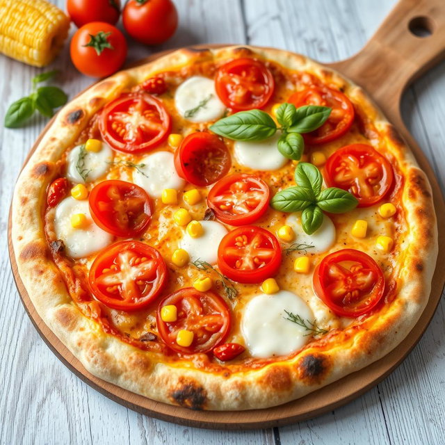 A mouth-watering pizza featuring juicy ripe tomatoes and sweet corn, harmoniously combined with a thick layer of melted mozzarella cheese
