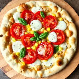 A mouth-watering pizza featuring juicy ripe tomatoes and sweet corn, harmoniously combined with a thick layer of melted mozzarella cheese