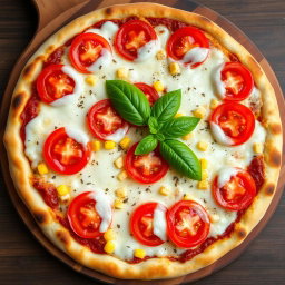 A mouth-watering pizza featuring juicy ripe tomatoes and sweet corn, harmoniously combined with a thick layer of melted mozzarella cheese