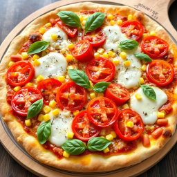 An enticing pizza topped with juicy, ripe tomatoes and sweet corn, perfectly blended beneath a generous layer of melted mozzarella cheese