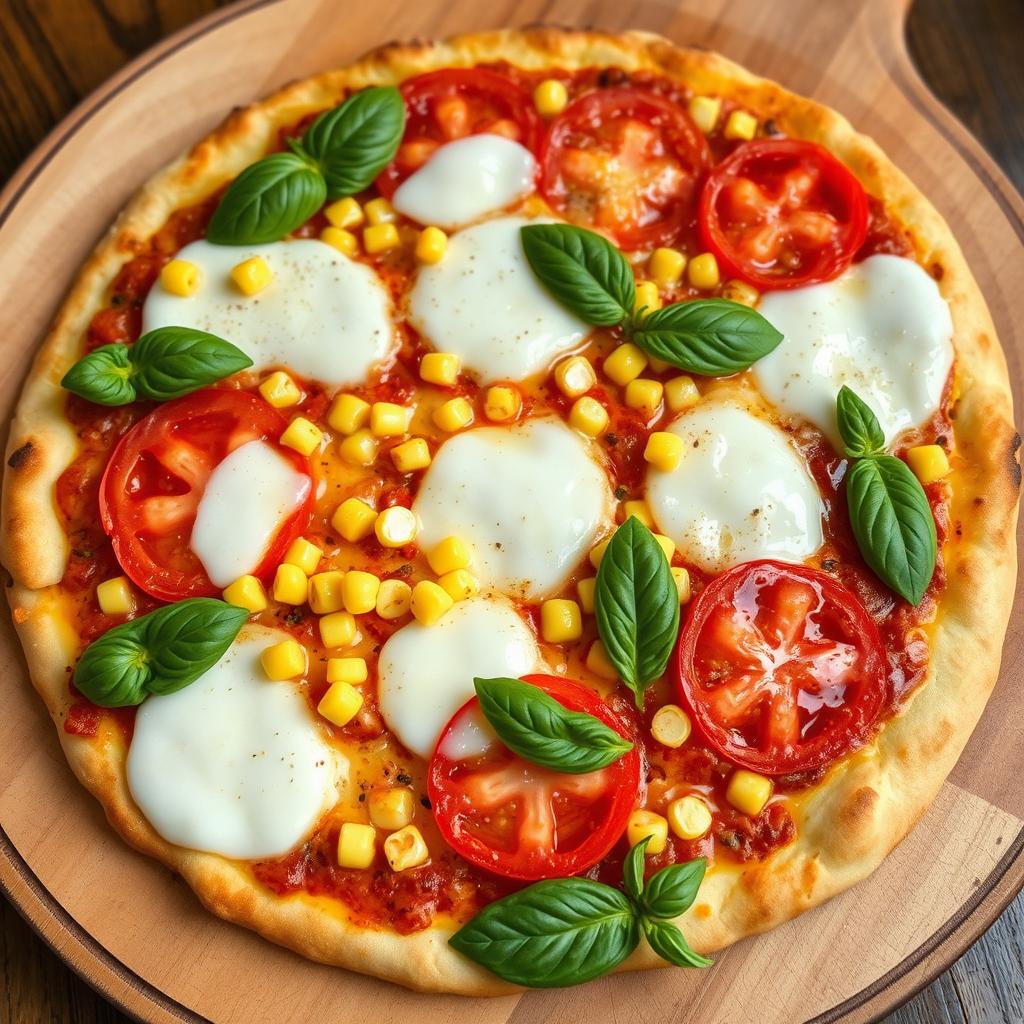An enticing pizza topped with juicy, ripe tomatoes and sweet corn, perfectly blended beneath a generous layer of melted mozzarella cheese