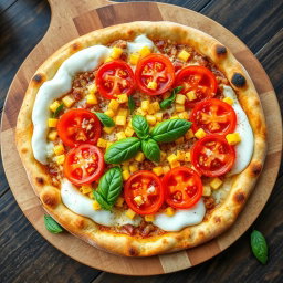 An enticing pizza topped with juicy, ripe tomatoes and sweet corn, perfectly blended beneath a generous layer of melted mozzarella cheese