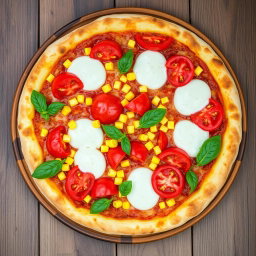 An enticing pizza topped with juicy, ripe tomatoes and sweet corn, perfectly blended beneath a generous layer of melted mozzarella cheese