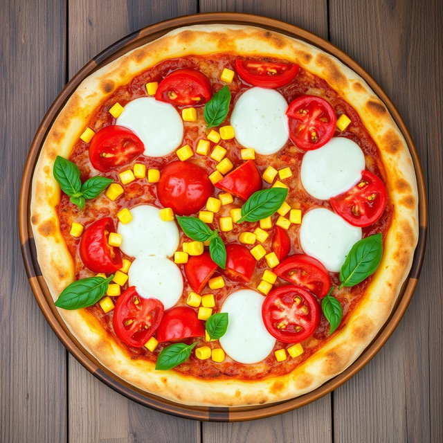 An enticing pizza topped with juicy, ripe tomatoes and sweet corn, perfectly blended beneath a generous layer of melted mozzarella cheese