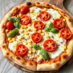 A delicious pizza topped with juicy, fresh tomatoes and sweet corn, perfectly melded beneath a generous layer of melted mozzarella cheese