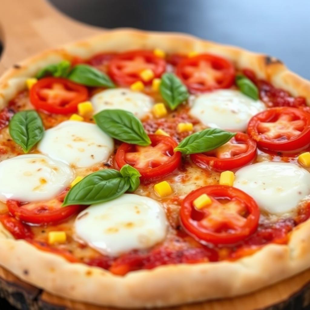 A delicious pizza topped with juicy, fresh tomatoes and sweet corn, perfectly melded beneath a generous layer of melted mozzarella cheese