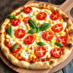A delicious pizza topped with juicy, fresh tomatoes and sweet corn, perfectly melded beneath a generous layer of melted mozzarella cheese