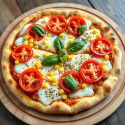 A delicious pizza topped with juicy, fresh tomatoes and sweet corn, perfectly melded beneath a generous layer of melted mozzarella cheese