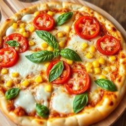 A delicious pizza featuring juicy, vibrant tomatoes and sweet, tender corn, perfectly melted beneath a generous layer of gooey mozzarella cheese