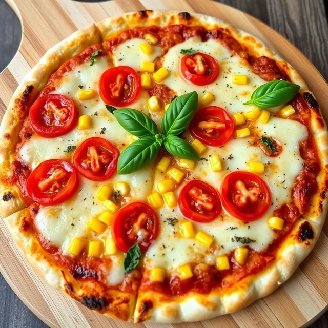A delicious pizza featuring juicy, vibrant tomatoes and sweet, tender corn, perfectly melted beneath a generous layer of gooey mozzarella cheese