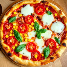 A delicious pizza featuring juicy, vibrant tomatoes and sweet, tender corn, perfectly melted beneath a generous layer of gooey mozzarella cheese