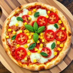 A delicious pizza featuring juicy, vibrant tomatoes and sweet, tender corn, perfectly melted beneath a generous layer of gooey mozzarella cheese