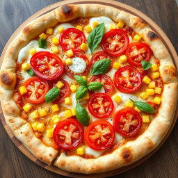 A mouth-watering pizza showcasing juicy, fresh tomatoes and sweet corn, harmoniously blended under a rich, melted layer of mozzarella cheese