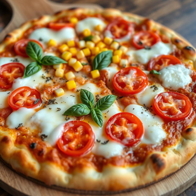 A mouth-watering pizza showcasing juicy, fresh tomatoes and sweet corn, harmoniously blended under a rich, melted layer of mozzarella cheese