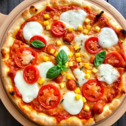 A mouth-watering pizza showcasing juicy, fresh tomatoes and sweet corn, harmoniously blended under a rich, melted layer of mozzarella cheese