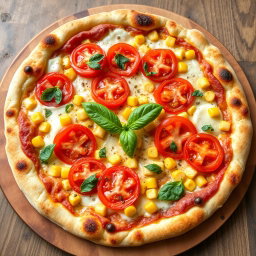 A mouth-watering pizza showcasing juicy, fresh tomatoes and sweet corn, harmoniously blended under a rich, melted layer of mozzarella cheese