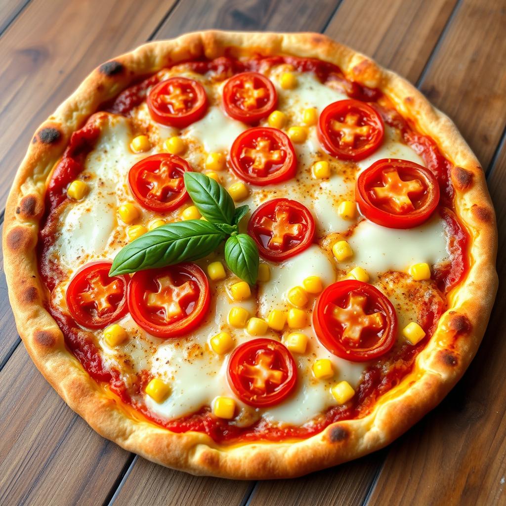 A delightful pizza featuring juicy, ripe tomatoes and sweet, golden corn, perfectly melted under a generous layer of gooey mozzarella cheese