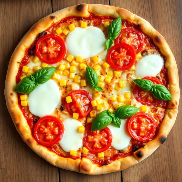 A delightful pizza featuring juicy, ripe tomatoes and sweet, golden corn, perfectly melted under a generous layer of gooey mozzarella cheese