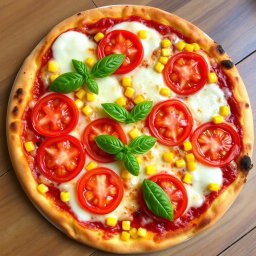 A delightful pizza featuring juicy, ripe tomatoes and sweet, golden corn, perfectly melted under a generous layer of gooey mozzarella cheese
