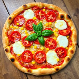 A delightful pizza featuring juicy, ripe tomatoes and sweet, golden corn, perfectly melted under a generous layer of gooey mozzarella cheese