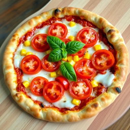 An appetizing pizza featuring juicy, ripe tomatoes and sweet corn, beautifully melted beneath a thick layer of gooey mozzarella cheese