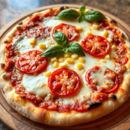 An appetizing pizza featuring juicy, ripe tomatoes and sweet corn, beautifully melted beneath a thick layer of gooey mozzarella cheese