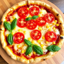 An appetizing pizza featuring juicy, ripe tomatoes and sweet corn, beautifully melted beneath a thick layer of gooey mozzarella cheese