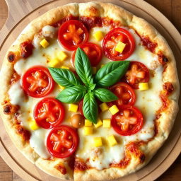 An appetizing pizza featuring juicy, ripe tomatoes and sweet corn, beautifully melted beneath a thick layer of gooey mozzarella cheese