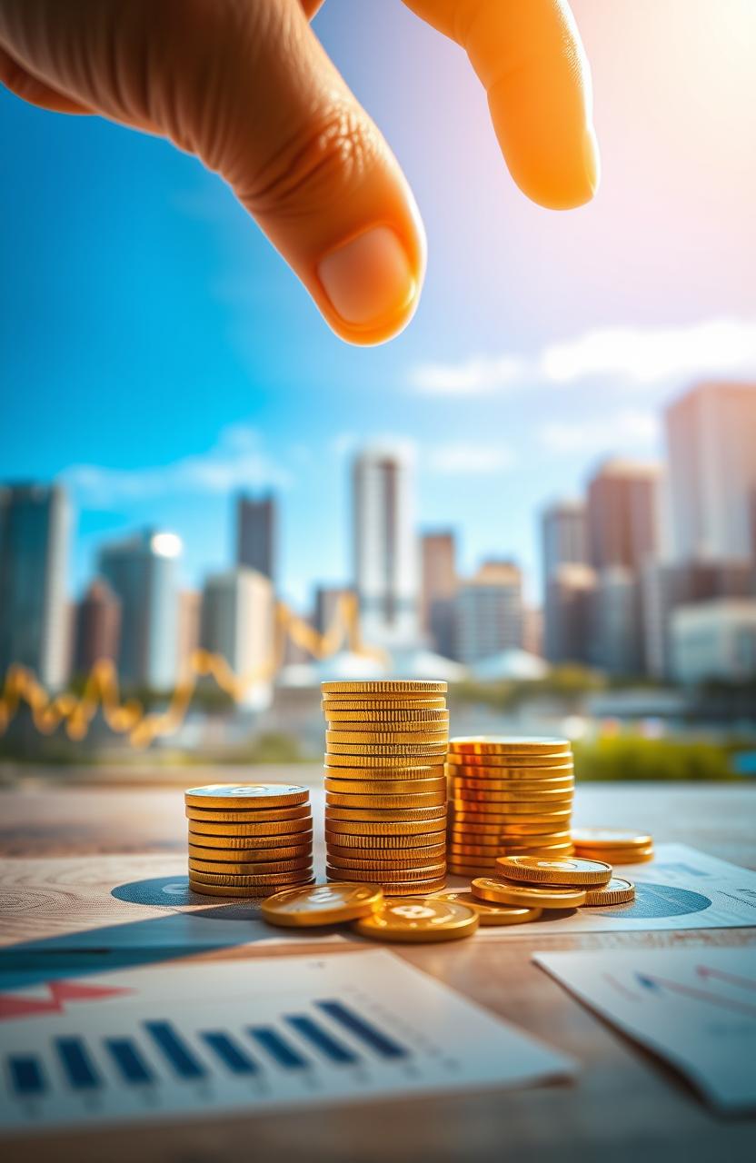 A visually compelling representation of investment, featuring a close-up of golden coins stacked on a wooden table with financial graphs and charts in the background