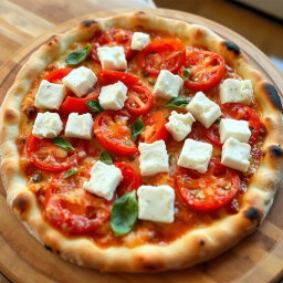 A delicious pizza featuring juicy, ripe tomatoes and soft, crumbly paneer cubes layered generously beneath a gooey blanket of melted mozzarella cheese