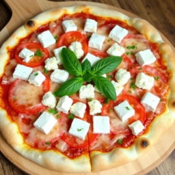 A delicious pizza featuring juicy, ripe tomatoes and soft, crumbly paneer cubes layered generously beneath a gooey blanket of melted mozzarella cheese