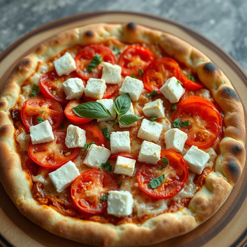 A delicious pizza featuring juicy, ripe tomatoes and soft, crumbly paneer cubes layered generously beneath a gooey blanket of melted mozzarella cheese