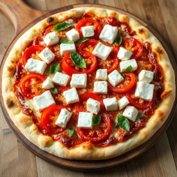 A delicious pizza featuring juicy, ripe tomatoes and soft, crumbly paneer cubes layered generously beneath a gooey blanket of melted mozzarella cheese