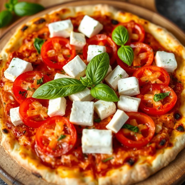 A vibrant pizza topped with juicy, ripe tomatoes and soft, creamy paneer cubes, all layered generously under a melty blanket of mozzarella cheese