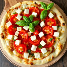 A vibrant pizza topped with juicy, ripe tomatoes and soft, creamy paneer cubes, all layered generously under a melty blanket of mozzarella cheese