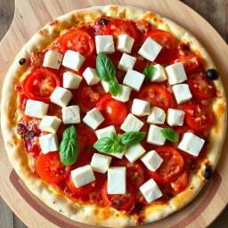 A vibrant pizza topped with juicy, ripe tomatoes and soft, creamy paneer cubes, all layered generously under a melty blanket of mozzarella cheese