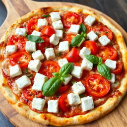 A vibrant pizza topped with juicy, ripe tomatoes and soft, creamy paneer cubes, all layered generously under a melty blanket of mozzarella cheese