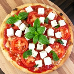 A mouth-watering pizza topped with juicy, fresh tomatoes and soft, creamy paneer cubes, layered generously with rich, melted mozzarella cheese
